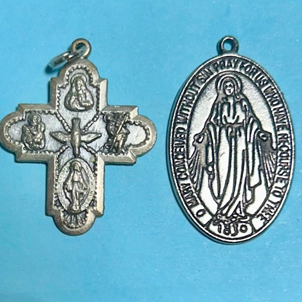 Virgin Mary Miraculous Medal Pendant Silver Tone  & 4 way Cross medal 2 for 1